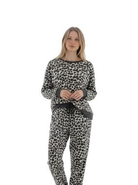 Leopard Print Lounge Pajama Set -  Charcoal Grey, Mauve & White Cozy Two-Piece